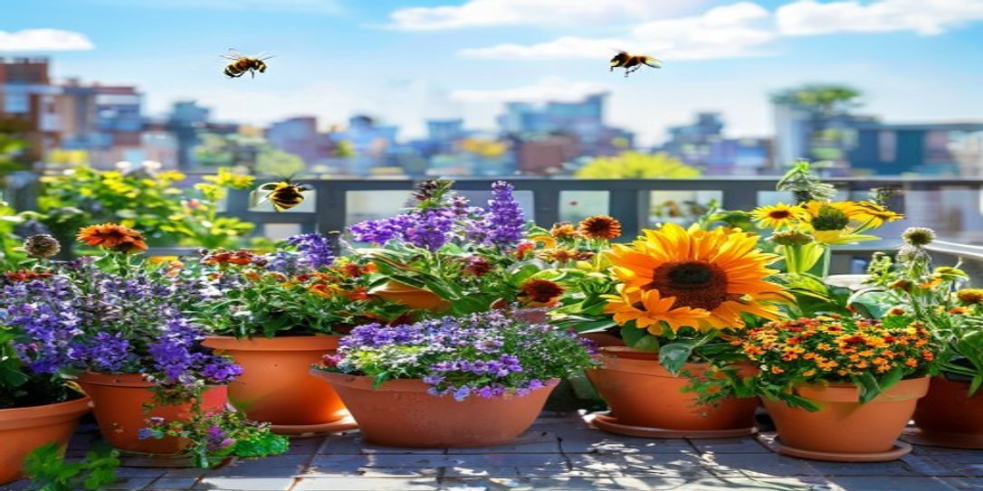 Vibrant balcony garden with honeybees on flowers in Arkansas and Texas