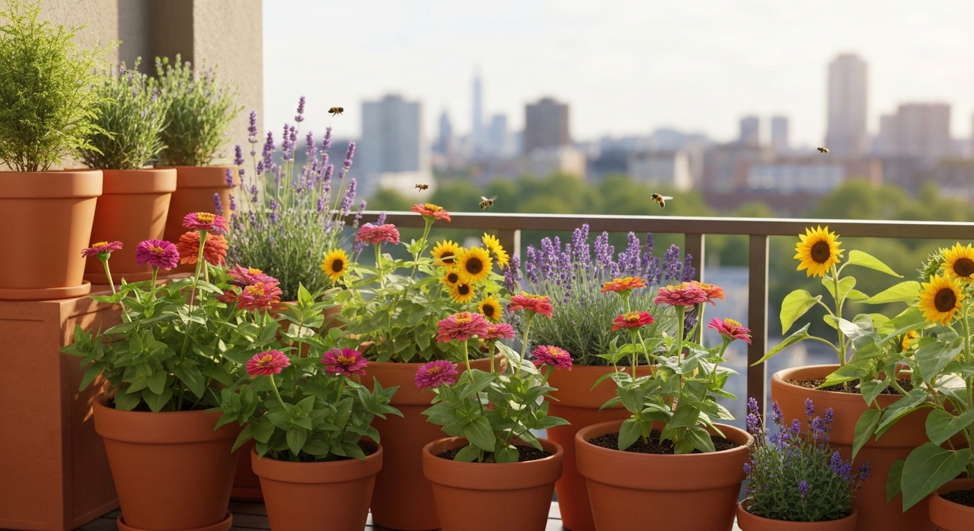 A beautiful pollinator-friendly balcony garden with blooming flowers and honeybees in Arkansas
