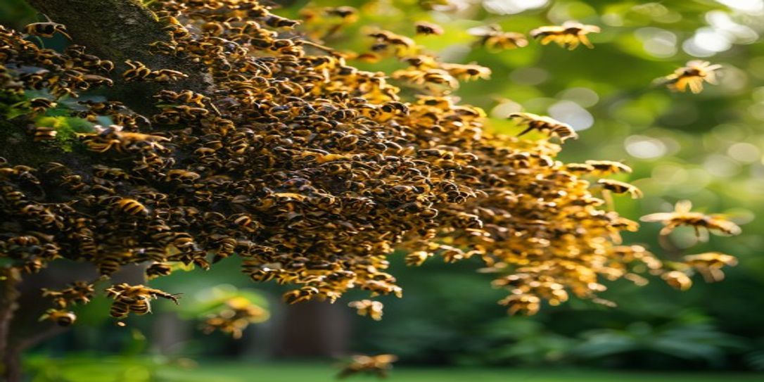 A large, calm cluster of honey bees hanging from a tree branch in a backyard.