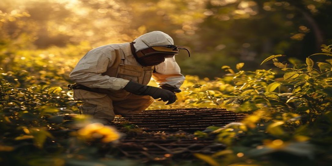 Professional beekeeper performing a hive inspection in an Arkansas meadow during spring