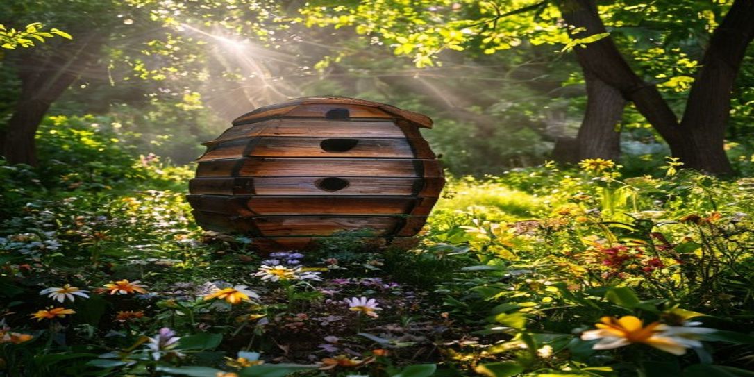 A healthy honey bee hive setup in a scenic Arkansas garden.