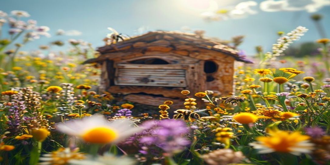 A healthy honey bee hive located in a beautiful Texas wildflower field during spring