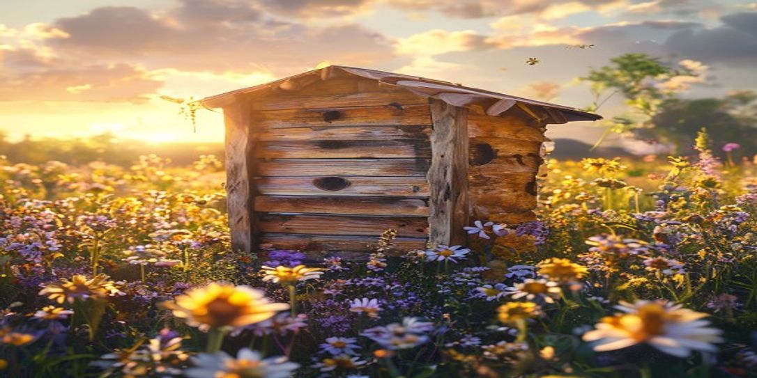 A healthy beehive in a vibrant Texas spring landscape, surrounded by wildflowers.