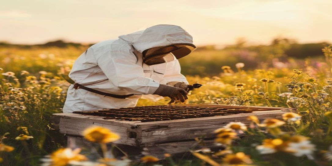 Beekeeper installing new honey bees into a beehive in Texas