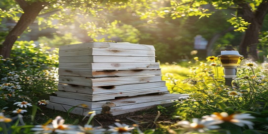 A standard Langstroth beehive set up in an Arkansas backyard setting