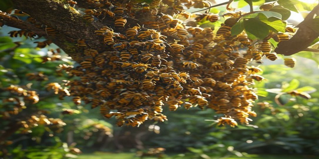 A cluster of honey bees swarming on a tree branch in an Arkansas garden.