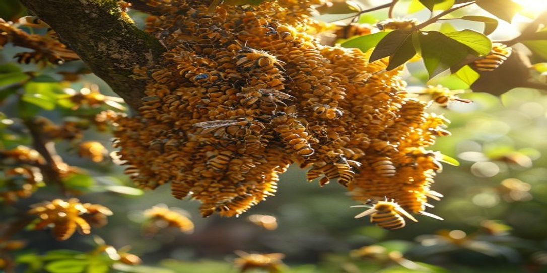 Close-up of a calm honey bee swarm clustered on a tree branch