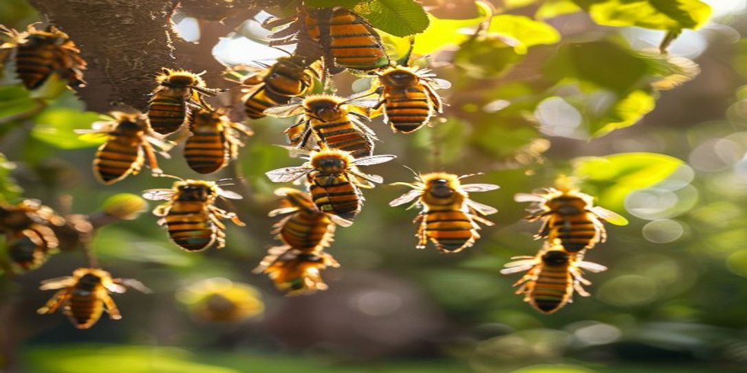 A honey bee swarm safely clustered on a tree branch in an Arkansas backyard