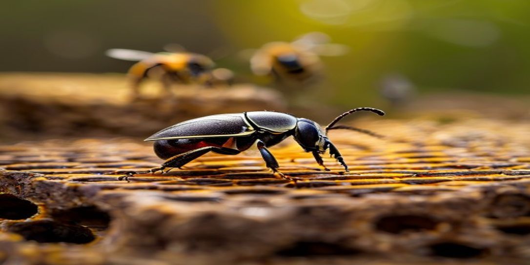 Small Hive Beetle on a honeycomb frame