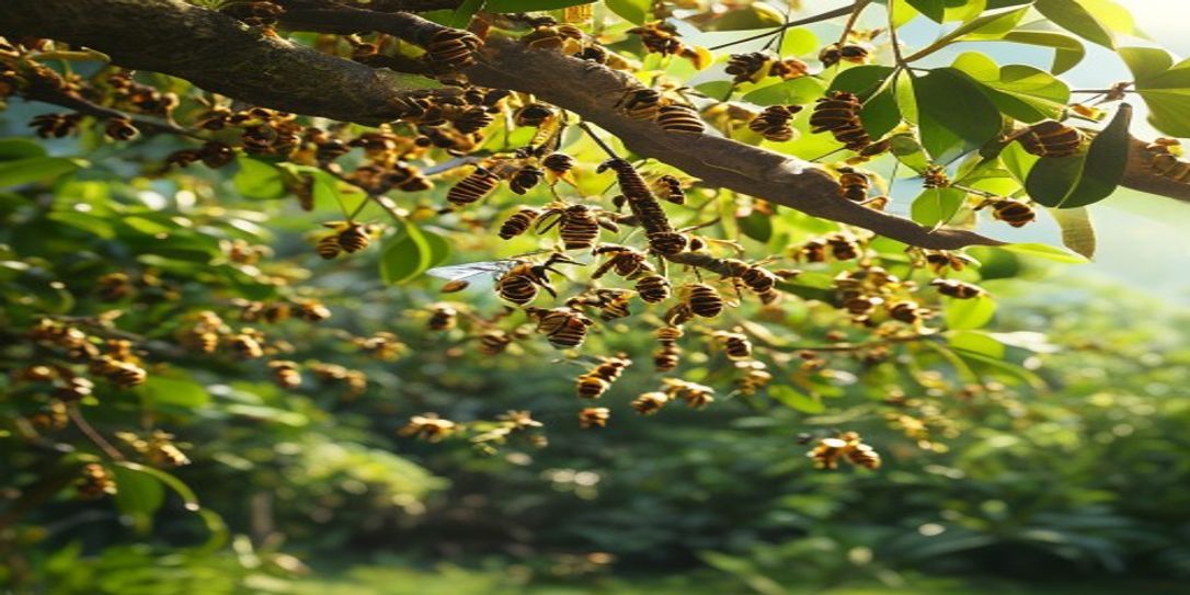A healthy wild honey bee swarm hanging from a tree branch in coastal Texas.