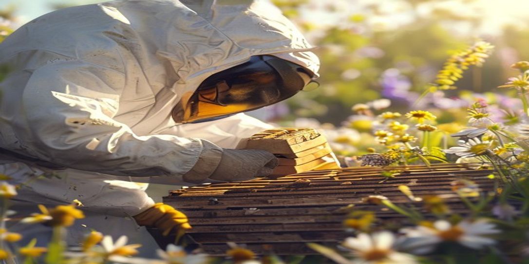 A beekeeper installing a honey bee package into a hive on a sunny spring day in Arkansas.