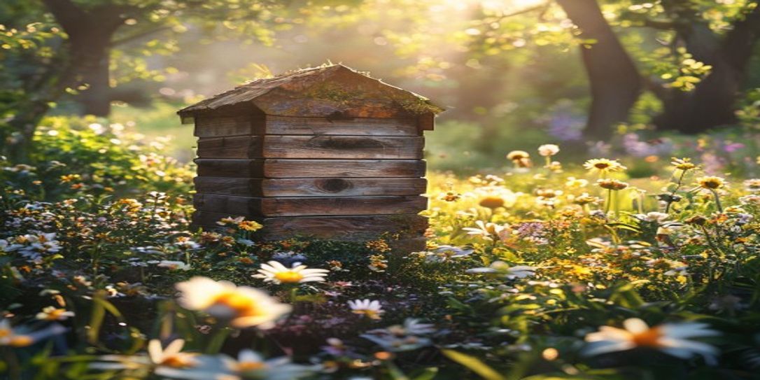 A healthy beehive setup in a sunny Arkansas garden during spring