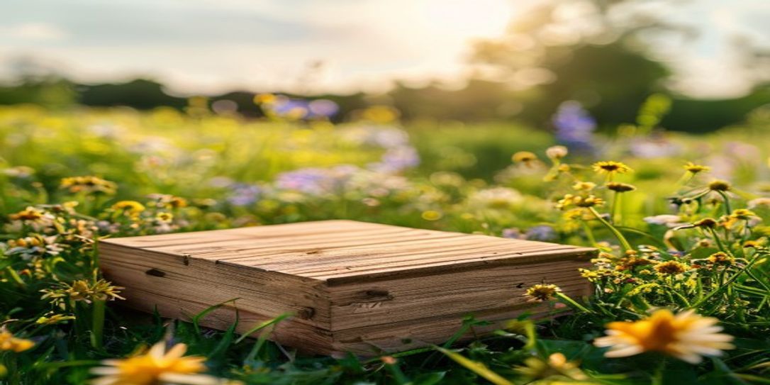 Professional beekeeping package bee box in a Central Texas spring meadow
