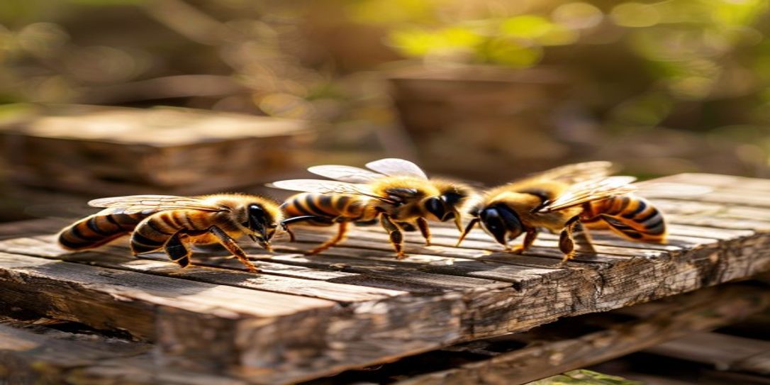 A healthy nucleus colony of honey bees on frames inside a wooden beehive