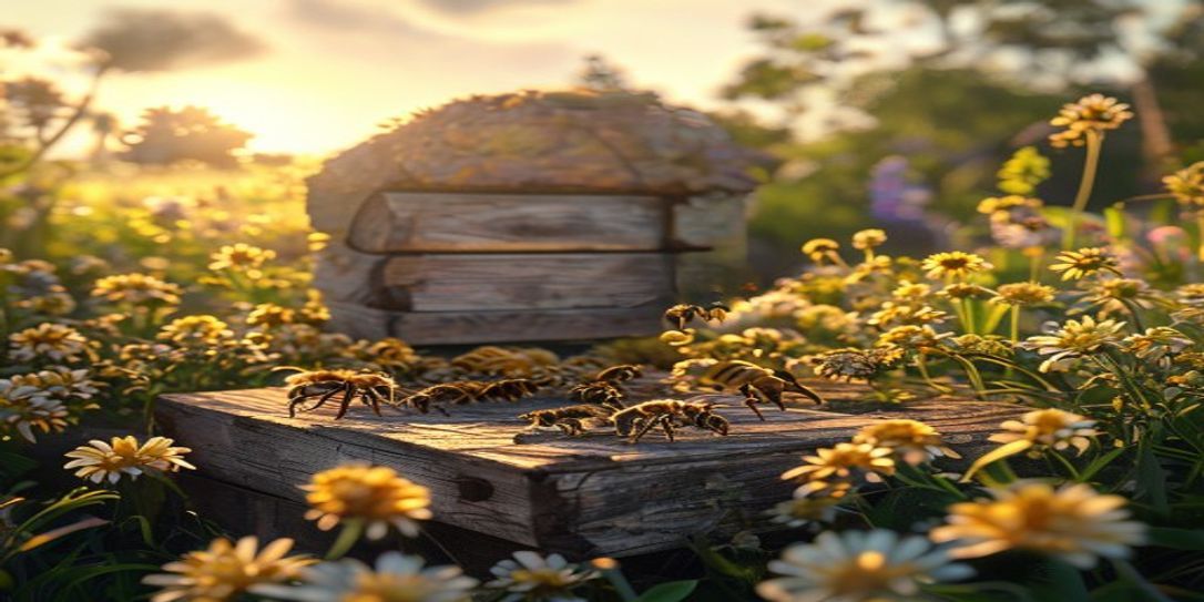 A thriving honey bee colony set up in a wooden hive on the Texas Gulf Coast