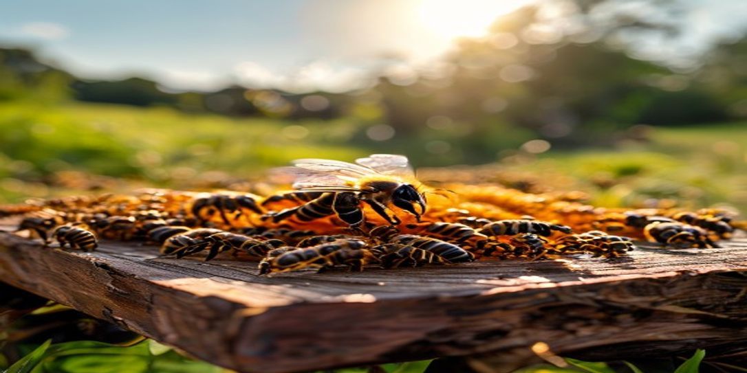 Close-up of a healthy honey bee nuc frame being inspected in an Austin, Texas apiary