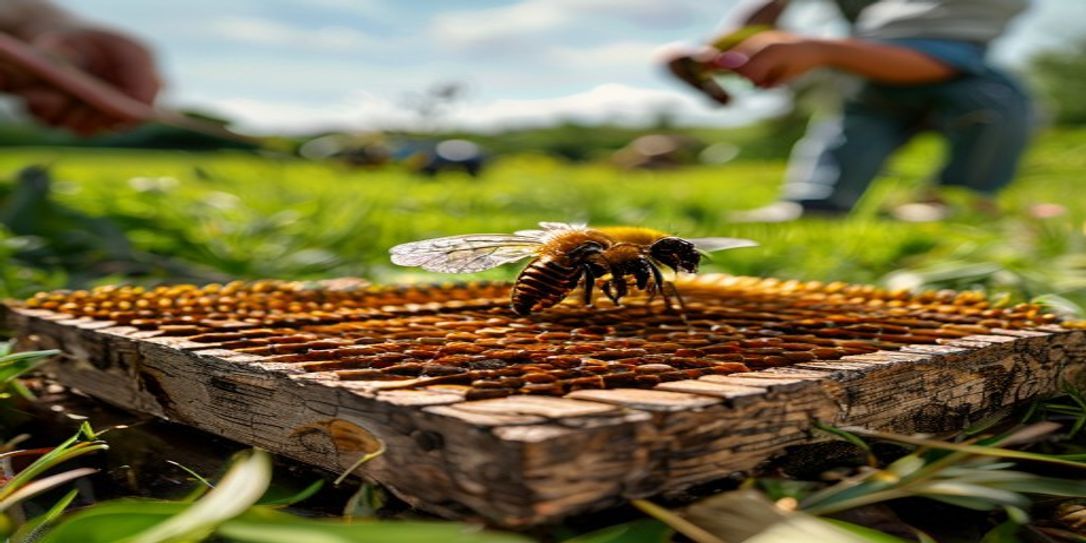 Texas beekeeper inspecting an overwintered nucleus beehive colony