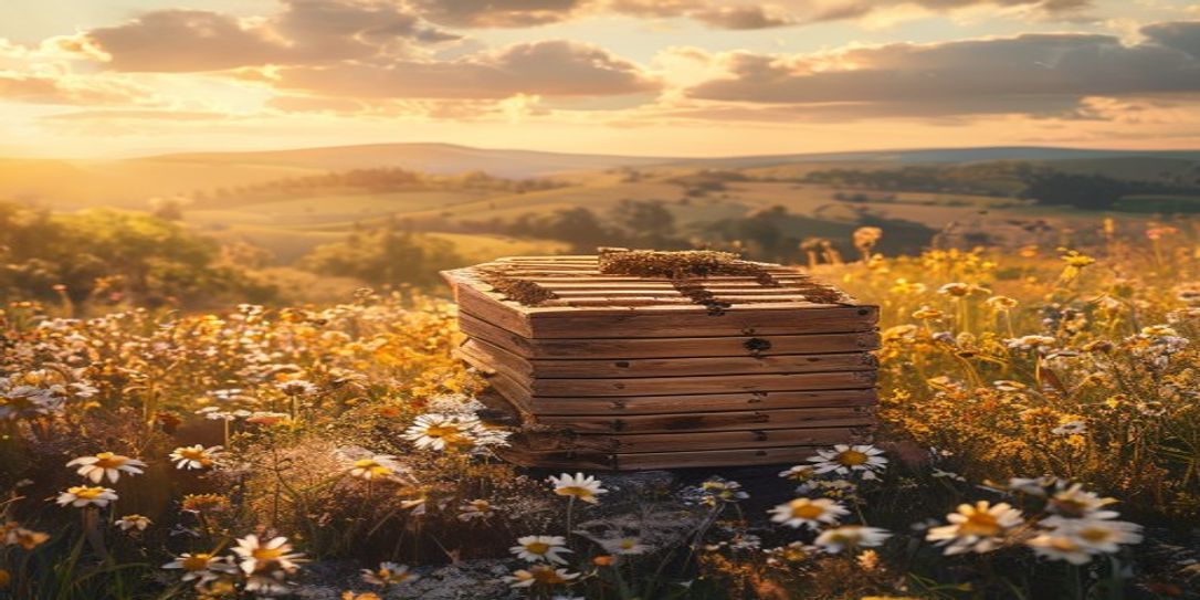 A healthy beehive sitting in a scenic Central Texas landscape with blooming wildflowers