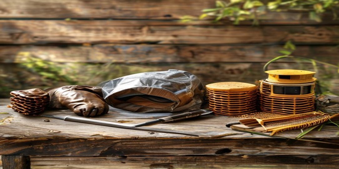 Essential beekeeping equipment including hive tool, smoker, and protective gear