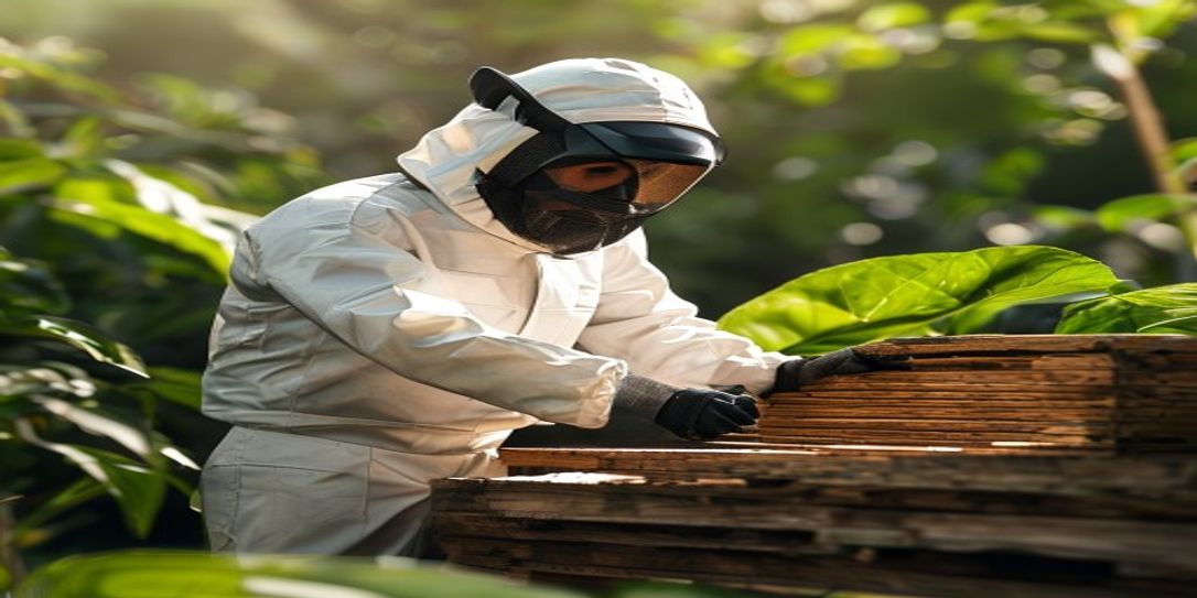 Beekeeper wearing protective gear during a hive inspection