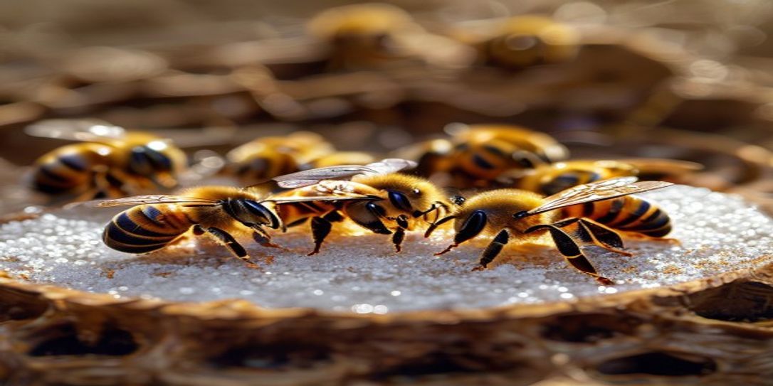 Honey bees feeding on a sugar patty inside a hive during winter