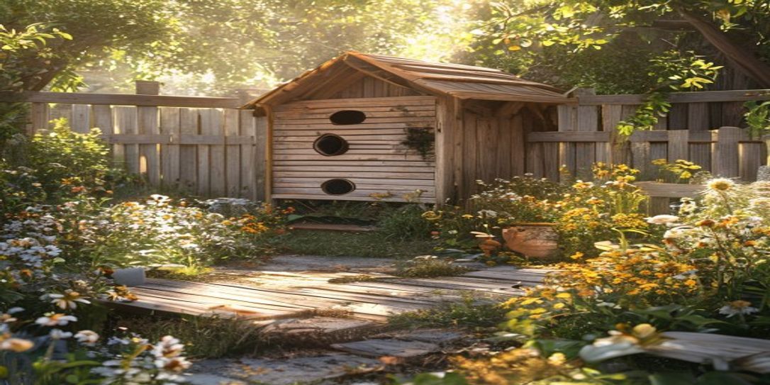 A DIY wooden beehive in a backyard garden setting