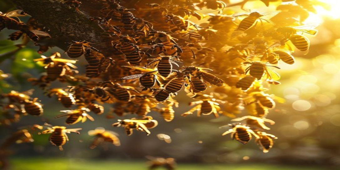 A swarm of honey bees clustered on a tree branch ready for collection.