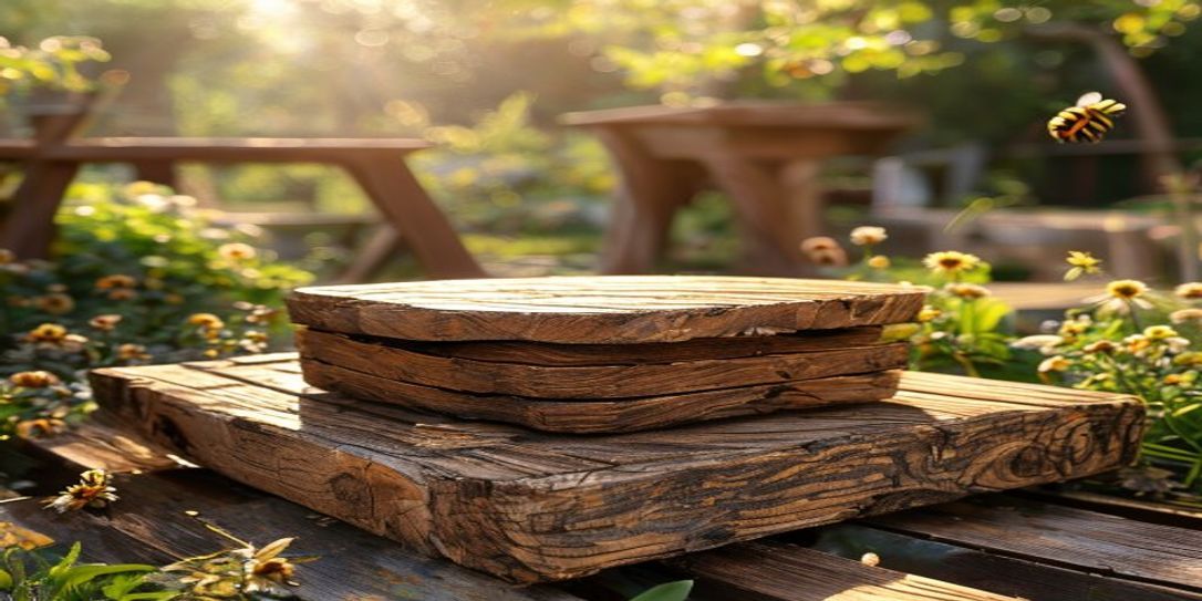 A custom-built wooden top bar beehive sitting in a backyard apiary.