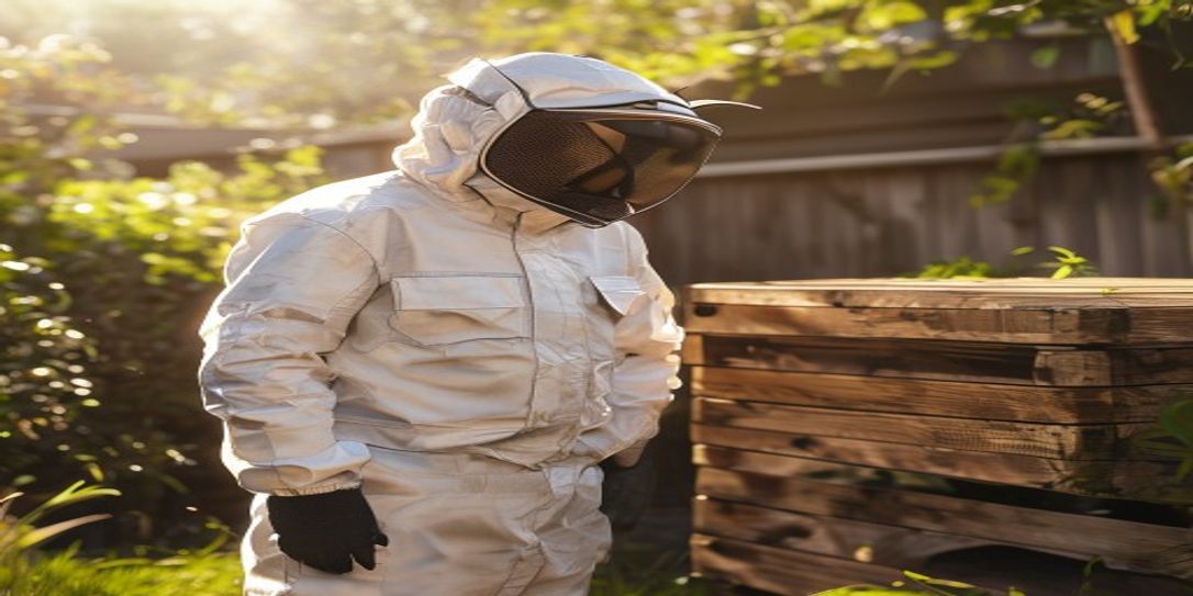 A beekeeper wearing a ventilated bee suit and veil checking a hive in an urban backyard setting