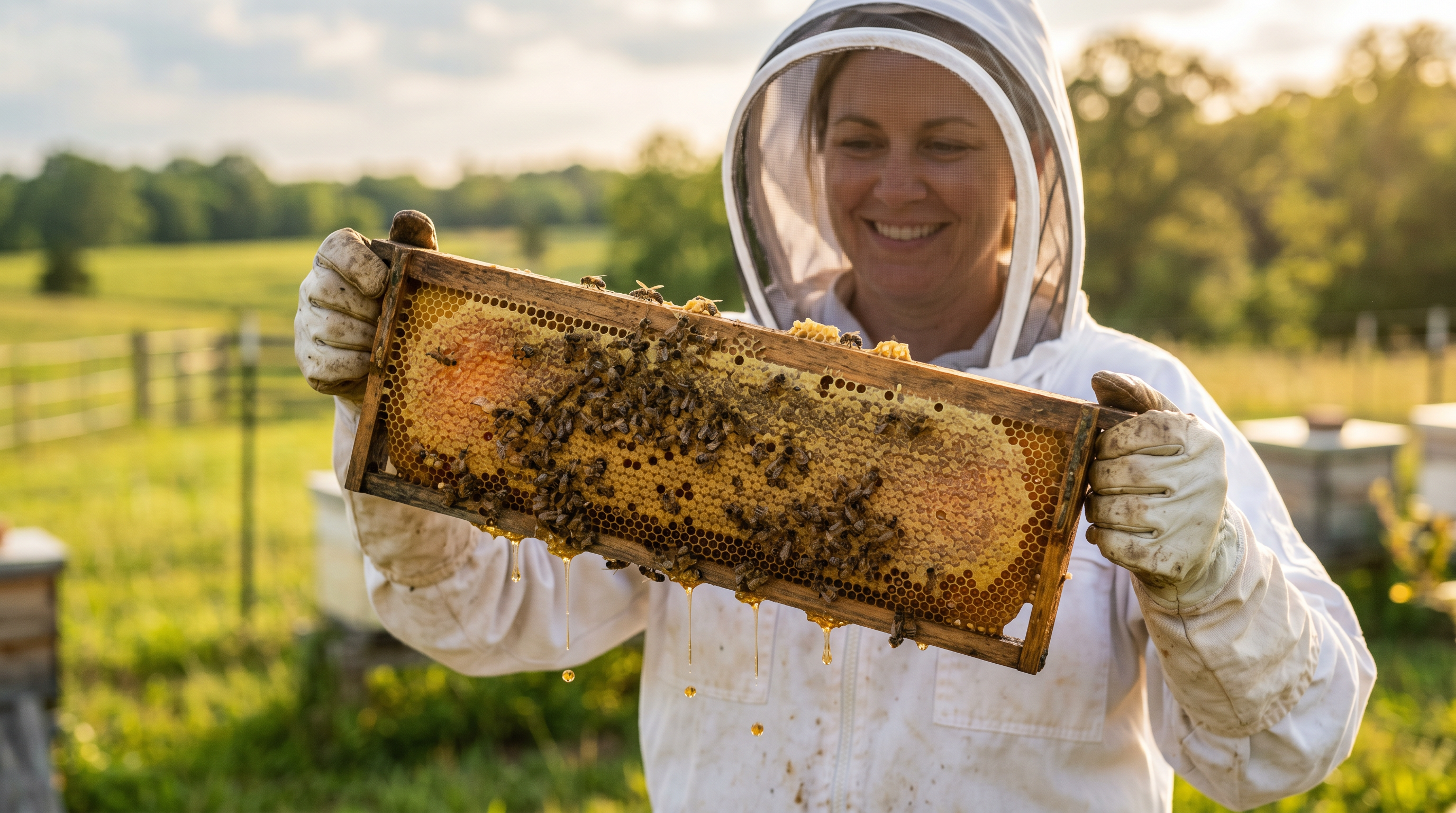 Beekeeper holding a honeycomb frame dripping with fresh honey in a Southern farm field at golden hour