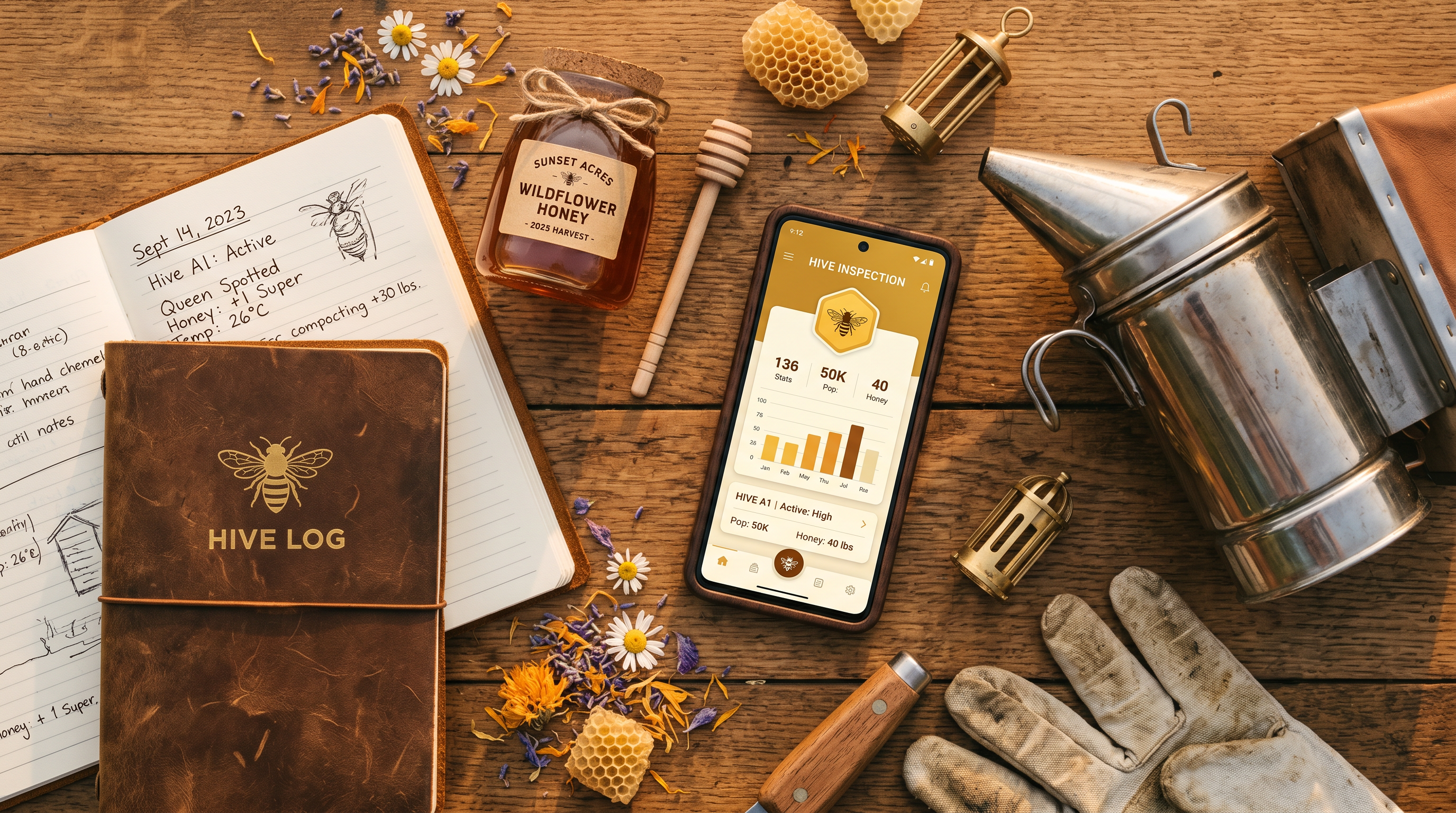 BeeKeeper Pro app displayed alongside beekeeper tools — notebook, smoker, honey jar, and leather hive log on a rustic wooden table