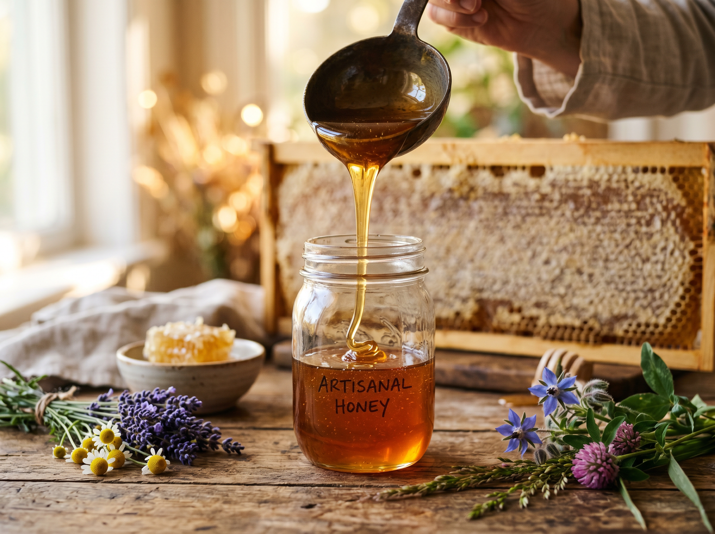 Fresh honey being poured into a glass jar with honeycomb and wildflowers on a rustic table